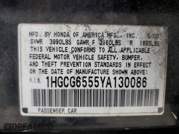 2000 Honda Accord LX z VIN 1HGCG6555YA130086, wystawiony jako Copart lot #68388535 z przebiegiem 221 560 mil mil oraz Szkoda całkowita • Salvage title. Historia ofert i sprzedaży dostępna na DreamBid. Obrazek 13.