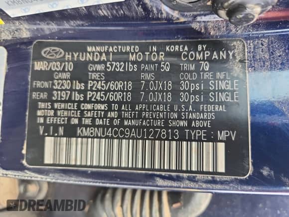2010 Hyundai Veracruz Limited z VIN KM8NU4CC9AU127813, wystawiony jako Copart lot #64303835 z przebiegiem Nie podano mil oraz Szkoda całkowita • Salvage title. Historia ofert i sprzedaży dostępna na DreamBid. Obrazek 13.