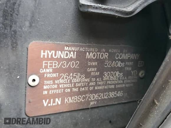 2002 Hyundai Santa Fe GLS с VIN KM8SC73D62U238546, выставлен на аукционе Copart как лот 83797674 с пробегом 169 183 миль миль и Списание • Salvage title. История ставок и продаж доступна на DreamBid. Изображение 13.