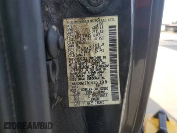 2007 Nissan Frontier XE with VIN 1N6BD06T27C425398, listed as a Copart auction lot 60239085 with 107,124 mi miles and Clean title. Bid and sale history available at DreamBid. Image 12.