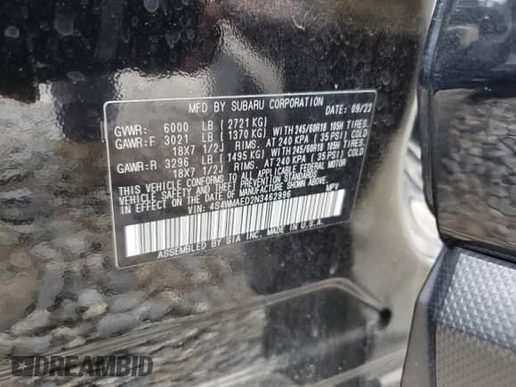 2022 Subaru Ascent Premium с VIN 4S4WMAED2N3462996, выставлен на аукционе Copart как лот 54102935 с пробегом 17 725 миль миль и Списание • Salvage title. История ставок и продаж доступна на DreamBid. Изображение 13.