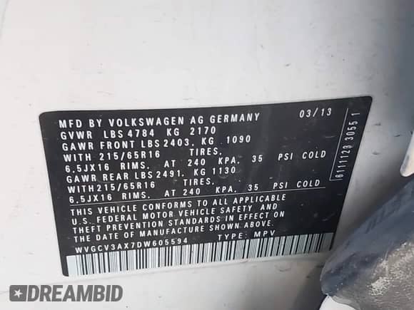 2013 Volkswagen Tiguan with VIN WVGCV3AX7DW605594, listed as a IAAI auction lot 42057457 with 131,629 mi miles and . Bid and sale history available at DreamBid. Image 9.