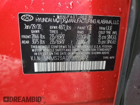 2020 Hyundai Santa Fe SE with VIN 5NMS23AD1LH221827, listed as a Copart auction lot 71619445 with 115,744 mi miles and Non repairable. Bid and sale history available at DreamBid. Image 13.