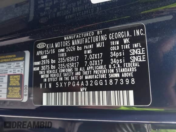 2016 Kia Sorento LX with VIN 5XYPG4A32GG187398, listed as a IAAI auction lot 43454154 with 114,845 mi miles and . Bid and sale history available at DreamBid. Image 9.