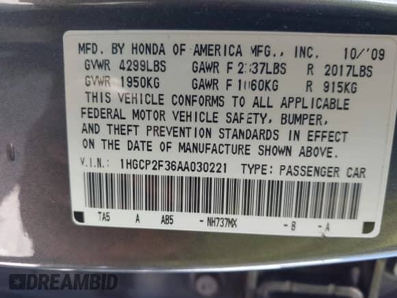 2010 Honda Accord LX z VIN 1HGCP2F36AA030221, wystawiony jako IAAI lot #43351933 z przebiegiem 231 615 mil mil oraz . Historia ofert i sprzedaży dostępna na DreamBid. Obrazek 9.