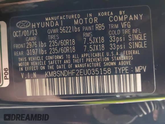 2014 Hyundai Santa Fe Limited with VIN KM8SNDHF2EU035158, listed as a IAAI auction lot 42417646 with 127,455 mi miles and . Bid and sale history available at DreamBid. Image 9.