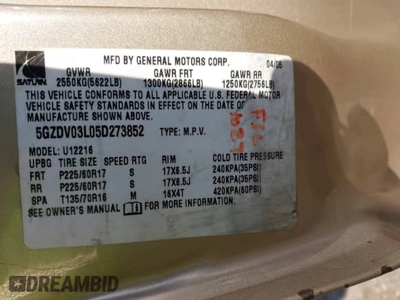2005 Saturn Relay 2 with VIN 5GZDV03L05D273852, listed as a IAAI auction lot 43353460 with 99,406 mi miles and . Bid and sale history available at DreamBid. Image 9.