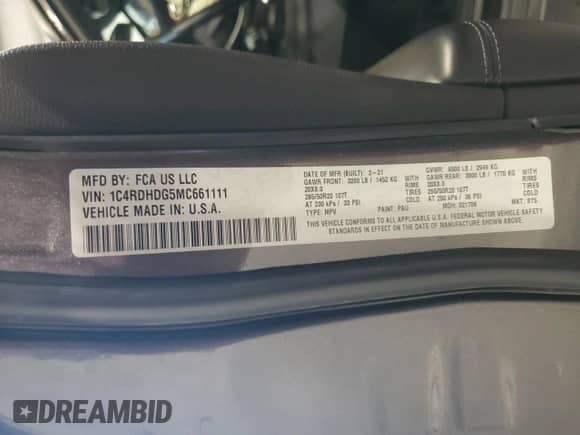 2021 Dodge Durango GT with VIN 1C4RDHDG5MC661111, listed as a Copart auction lot 70058705 with 56,451 mi miles and Salvage title. Bid and sale history available at DreamBid. Image 13.