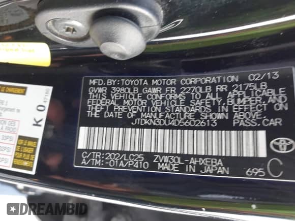 2013 Toyota Prius One with VIN JTDKN3DU4D5602613, listed as a IAAI auction lot 42778246 with 170,624 mi miles and . Bid and sale history available at DreamBid. Image 9.