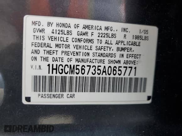 2005 Honda Accord EX with VIN 1HGCM56735A065771, listed as a Copart auction lot 70216715 with 139,404 mi miles and Salvage title. Bid and sale history available at DreamBid. Image 12.