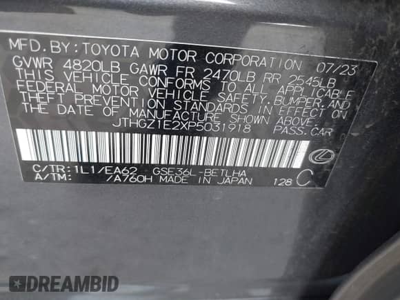 2023 Lexus IS 350 F Sport with VIN JTHGZ1E2XP5031918, listed as a IAAI auction lot 42938149 with 36,285 mi miles and . Bid and sale history available at DreamBid. Image 9.