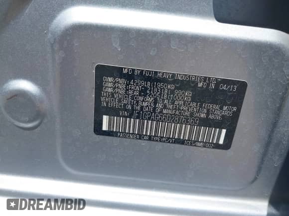 2013 Subaru Impreza Limited with VIN JF1GPAG66D2876369, listed as a IAAI auction lot 42562728 with 164,120 mi miles and . Bid and sale history available at DreamBid. Image 9.