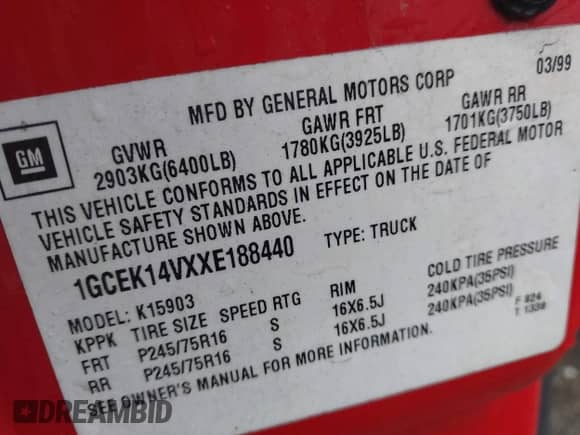 1999 Chevrolet Silverado 1500 with VIN 1GCEK14VXXE188440, listed as a IAAI auction lot 42389518 with 213,000 mi miles and . Bid and sale history available at DreamBid. Image 9.