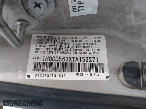 1996 Honda Accord LX with VIN 1HGCD563XTA152271, listed as a IAAI auction lot 42864789 with 268,002 mi miles and . Bid and sale history available at DreamBid. Image 9.