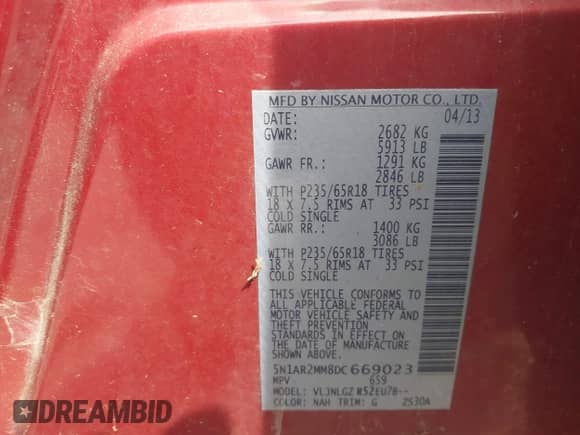 2013 Nissan Pathfinder SV z VIN 5N1AR2MM8DC669023, wystawiony jako IAAI lot #42039424 z przebiegiem 178 000 mil mil oraz . Historia ofert i sprzedaży dostępna na DreamBid. Obrazek 9.