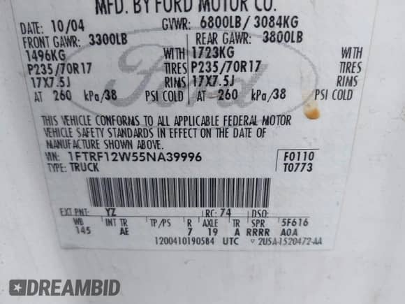 2005 Ford F-150 XL z VIN 1FTRF12W55NA39996, wystawiony jako IAAI lot #43414015 z przebiegiem 258 360 mil mil oraz . Historia ofert i sprzedaży dostępna na DreamBid. Obrazek 9.