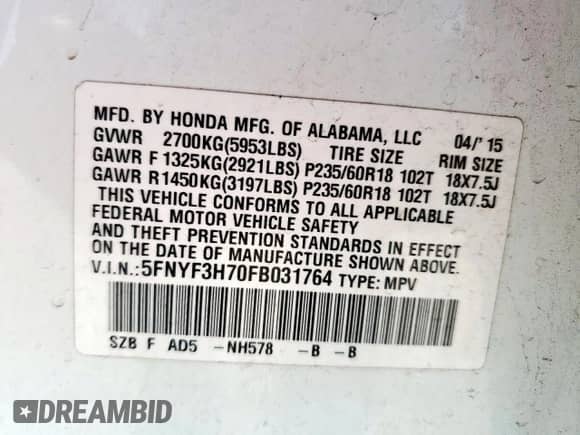 2015 Honda Pilot EX-L with VIN 5FNYF3H70FB031764, listed as a Copart auction lot 57715185 with 146,619 mi miles and Salvage title. Bid and sale history available at DreamBid. Image 13.