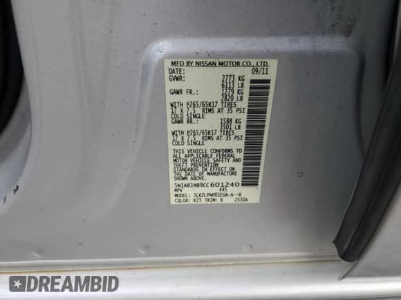 2012 Nissan Pathfinder SV z VIN 5N1AR1NB9CC601240, wystawiony jako Copart lot #53059955 z przebiegiem 259 296 mil mil oraz Szkoda całkowita • Salvage title. Historia ofert i sprzedaży dostępna na DreamBid. Obrazek 15.