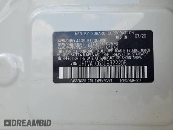 2020 Subaru WRX Premium with VIN JF1VA1C63L9822208, listed as a Copart auction lot 64765995 with 72,795 mi miles and Salvage title. Bid and sale history available at DreamBid. Image 12.