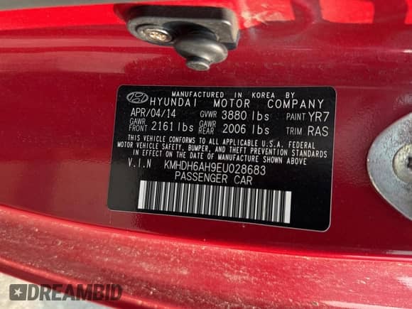 2014 Hyundai Elantra with VIN KMHDH6AH9EU028683, listed as a Copart auction lot 59786275 with 89,876 mi miles and Salvage title. Bid and sale history available at DreamBid. Image 10.