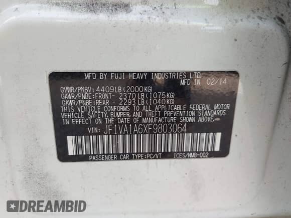 2015 Subaru WRX with VIN JF1VA1A6XF9803064, listed as a IAAI auction lot 43054162 with 89,958 mi miles and . Bid and sale history available at DreamBid. Image 9.