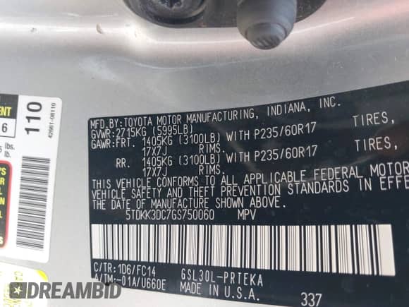 2016 Toyota Sienna LE with VIN 5TDKK3DC7GS750060, listed as a IAAI auction lot 42863608 with 144,513 mi miles and . Bid and sale history available at DreamBid. Image 9.
