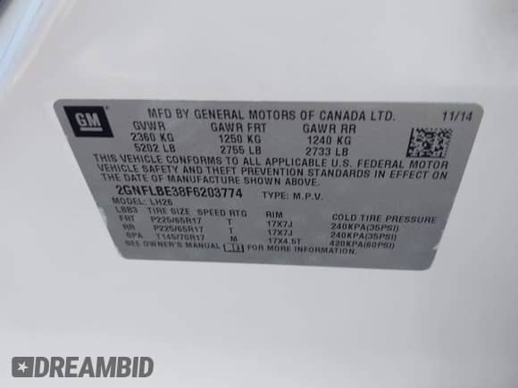 2015 Chevrolet Equinox LT с VIN 2GNFLBE38F6203774, выставлен на аукционе IAAI как лот 42692736 с пробегом 78 436 миль миль и . История ставок и продаж доступна на DreamBid. Изображение 9.