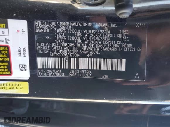 2011 Toyota Sienna XLE AAS with VIN 5TDYK3DC9BS170604, listed as a Copart auction lot 85348205 with Not provided miles and Salvage title. Bid and sale history available at DreamBid. Image 14.