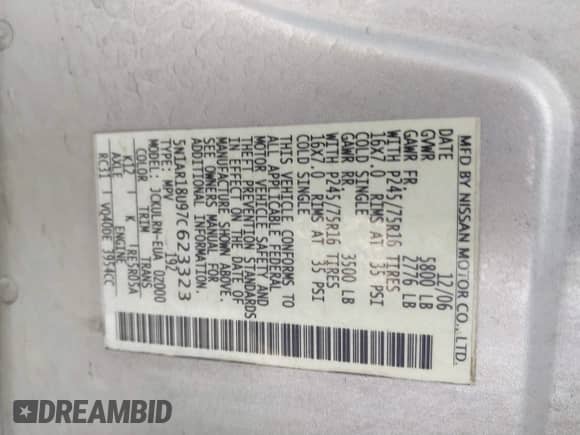 2007 Nissan Pathfinder S z VIN 5N1AR18U97C623323, wystawiony jako IAAI lot #41383903 z przebiegiem 137 601 mil mil oraz . Historia ofert i sprzedaży dostępna na DreamBid. Obrazek 9.