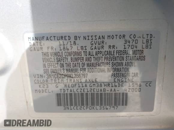 2019 Nissan Note SV with VIN 3N1CE2CP0KL356797, listed as a IAAI auction lot 41919597 with 85,048 mi miles and . Bid and sale history available at DreamBid. Image 9.