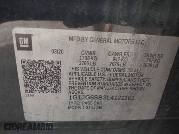 2020 Chevrolet Sonic LT with VIN 1G1JG6SB3L4121161, listed as a IAAI auction lot 42181846 with 65,307 mi miles and . Bid and sale history available at DreamBid. Image 9.