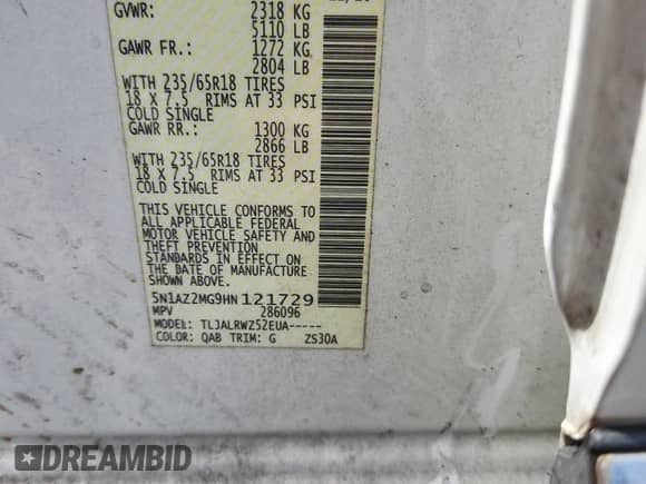 2017 Nissan Murano SV with VIN 5N1AZ2MG9HN121729, listed as a Copart auction lot 83937635 with 137,608 mi miles and Salvage title. Bid and sale history available at DreamBid. Image 13.