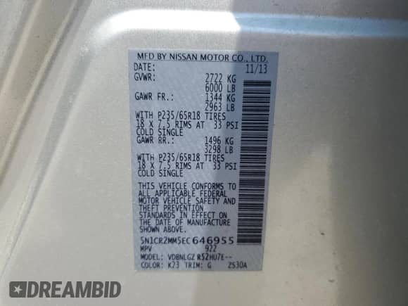 2014 Nissan Pathfinder Platinum Hybrid with VIN 5N1CR2MM5EC646955, listed as a Copart auction lot 59293305 with 178,886 mi miles and Clean title. Bid and sale history available at DreamBid. Image 12.