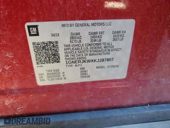 2019 Chevrolet Traverse RS z VIN 1GNERJKWXKJ287807, wystawiony jako Copart lot #48054915 z przebiegiem 69 250 mil mil oraz Szkoda całkowita • Salvage title. Historia ofert i sprzedaży dostępna na DreamBid. Obrazek 12.