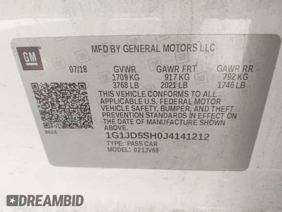 2018 Chevrolet Sonic LT с VIN 1G1JD5SH0J4141212, выставлен на аукционе IAAI как лот 42611797 с пробегом 117 926 миль миль и . История ставок и продаж доступна на DreamBid. Изображение 9.