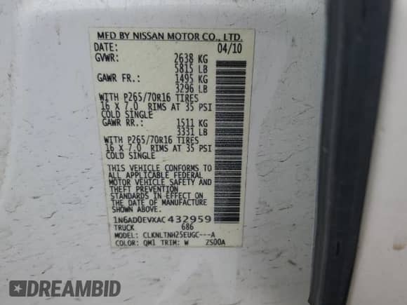 2010 Nissan Frontier SE with VIN 1N6AD0EVXAC432959, listed as a Copart auction lot 54996094 with 167,155 mi miles and Salvage title. Bid and sale history available at DreamBid. Image 12.