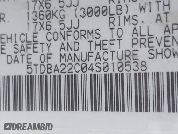 2004 Toyota Sienna XLE z VIN 5TDBA22C04S010538, wystawiony jako IAAI lot #42665547 z przebiegiem 271 364 mil mil oraz . Historia ofert i sprzedaży dostępna na DreamBid. Obrazek 9.