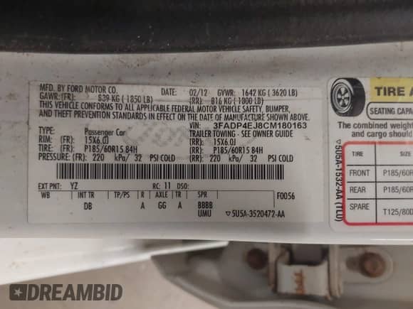 2012 Ford Fiesta SE with VIN 3FADP4EJ8CM180163, listed as a IAAI auction lot 42853102 with Not provided miles and . Bid and sale history available at DreamBid. Image 9.