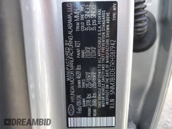 2024 Hyundai Tucson SEL with VIN 5NMJB3DE7RH387942, listed as a Copart auction lot 85828525 with 40,714 mi miles and Non repairable. Bid and sale history available at DreamBid. Image 14.