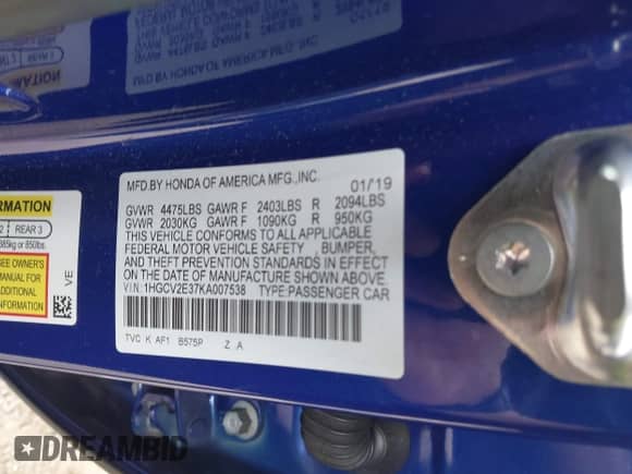 2019 Honda Accord Sport with VIN 1HGCV2E37KA007538, listed as a IAAI auction lot 43047740 with 74,137 mi miles and . Bid and sale history available at DreamBid. Image 9.