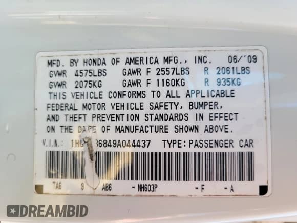 2009 Honda Accord EX-L with VIN 1HGCP36849A044437, listed as a IAAI auction lot 41705876 with 228,180 mi miles and . Bid and sale history available at DreamBid. Image 9.