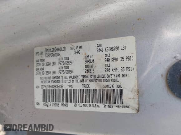 2006 Dodge 1500 SLT с VIN 1D7HU18NX6S635033, выставлен на аукционе IAAI как лот 42933746 с пробегом 170 810 миль миль и . История ставок и продаж доступна на DreamBid. Изображение 9.