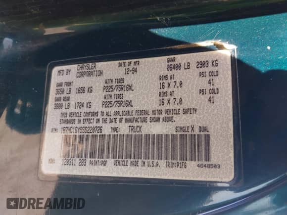 1995 Dodge 1500 с VIN 1B7HC16Y9SS220726, выставлен на аукционе IAAI как лот 42749813 с пробегом 241 190 миль миль и . История ставок и продаж доступна на DreamBid. Изображение 9.