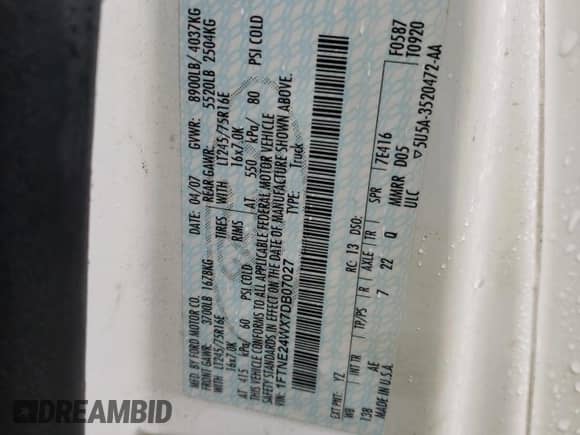 2007 Ford Econoline Cargo Commercial с VIN 1FTNE24WX7DB07027, выставлен на аукционе Copart как лот 57235925 с пробегом 129 955 миль миль и Чистый • Clean title. История ставок и продаж доступна на DreamBid. Изображение 13.