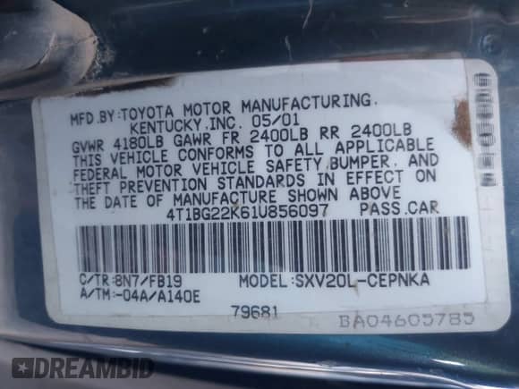 2001 Toyota Camry CE with VIN 4T1BG22K61U856097, listed as a IAAI auction lot 43319135 with Not provided miles and . Bid and sale history available at DreamBid. Image 9.