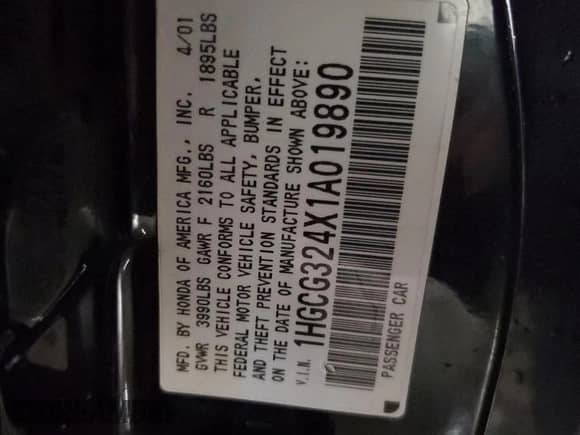 2001 Honda Accord LX z VIN 1HGCG324X1A019890, wystawiony jako Copart lot #84304274 z przebiegiem 172 186 mil mil oraz Szkoda całkowita • Salvage title. Historia ofert i sprzedaży dostępna na DreamBid. Obrazek 12.