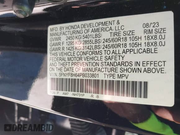 2023 Honda Passport TrailSport с VIN 5FNYF8H64PB033801, выставлен на аукционе IAAI как лот 43140933 с пробегом 38 095 миль миль и . История ставок и продаж доступна на DreamBid. Изображение 9.