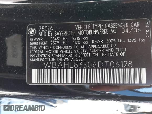 2006 BMW 7 Series 750i с VIN WBAHL83506DT06128, выставлен на аукционе IAAI как лот 42140953 с пробегом 143 833 миль миль и . История ставок и продаж доступна на DreamBid. Изображение 9.
