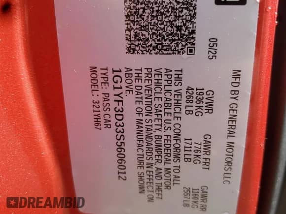 2025 Chevrolet Corvette 3LZ с VIN 1G1YF3D33S5606012, выставлен на аукционе Copart как лот 61483275 с пробегом 92 миль миль и На запчасти • Non repairable. История ставок и продаж доступна на DreamBid. Изображение 12.