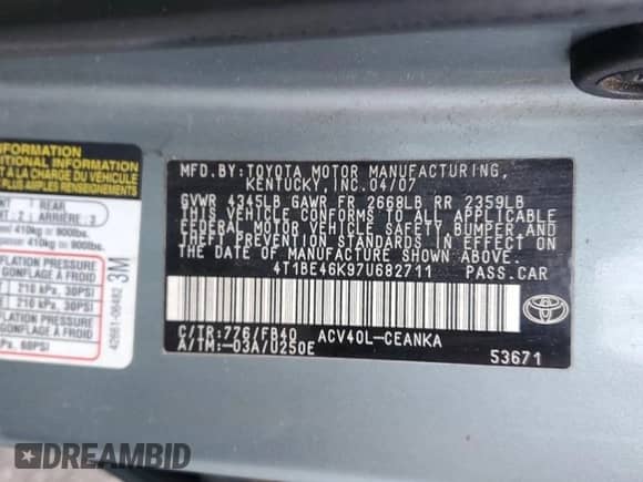 2007 Toyota Camry LE с VIN 4T1BE46K97U682711, выставлен на аукционе Copart как лот 85400715 с пробегом 171 630 миль миль и Чистый • Clean title. История ставок и продаж доступна на DreamBid. Изображение 12.